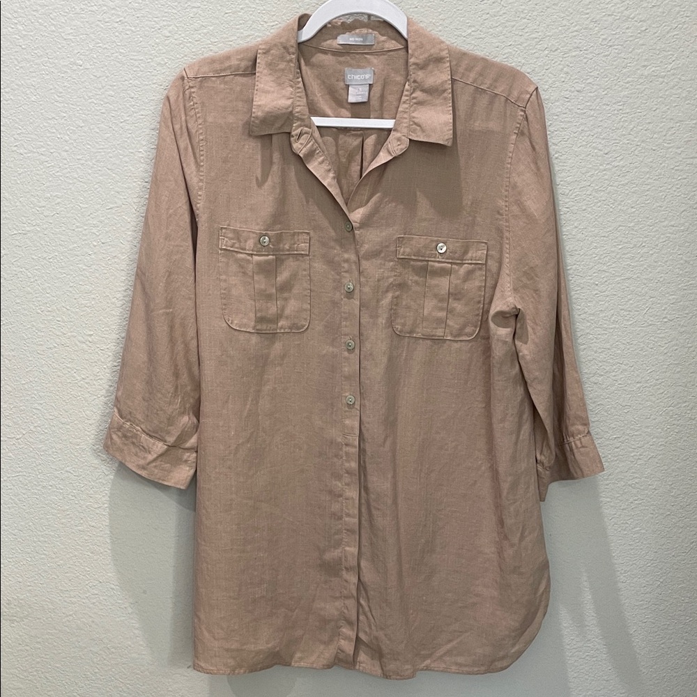 Chico’s 100% Linen Tan no Iron Button-Up Shirt EUC Size 14